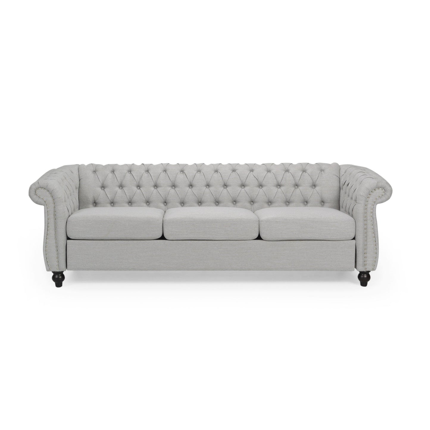 Canapé Chesterfield 3 places gris 84,75 po capitonné avec têtes de clous et pieds