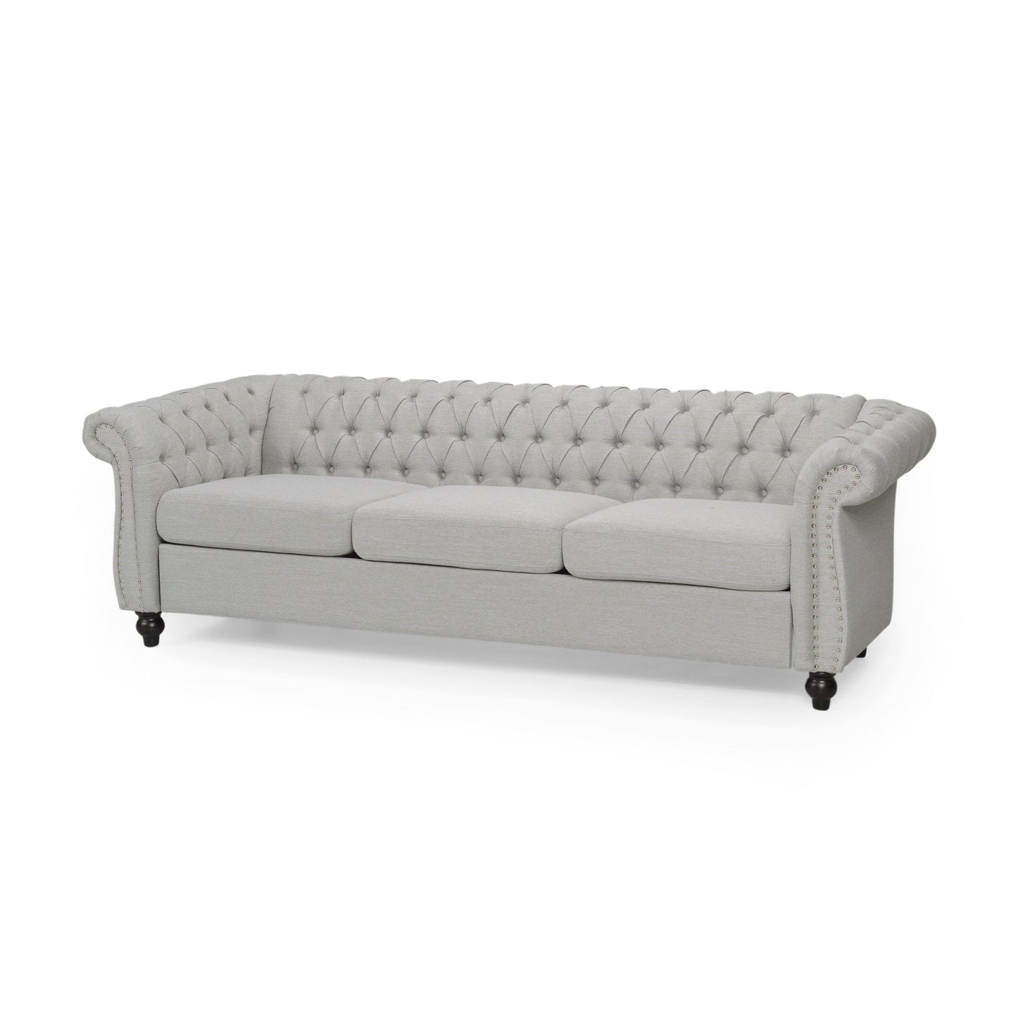 Canapé Chesterfield 3 places gris 84,75 po capitonné avec têtes de clous et pieds