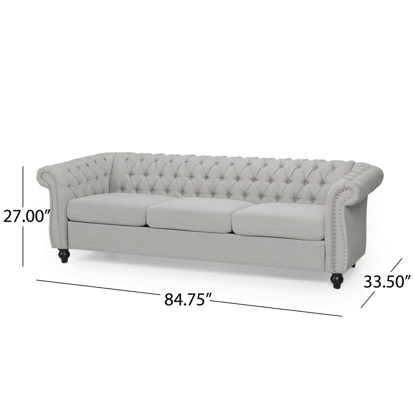Canapé Chesterfield 3 places gris 84,75 po capitonné avec têtes de clous et pieds