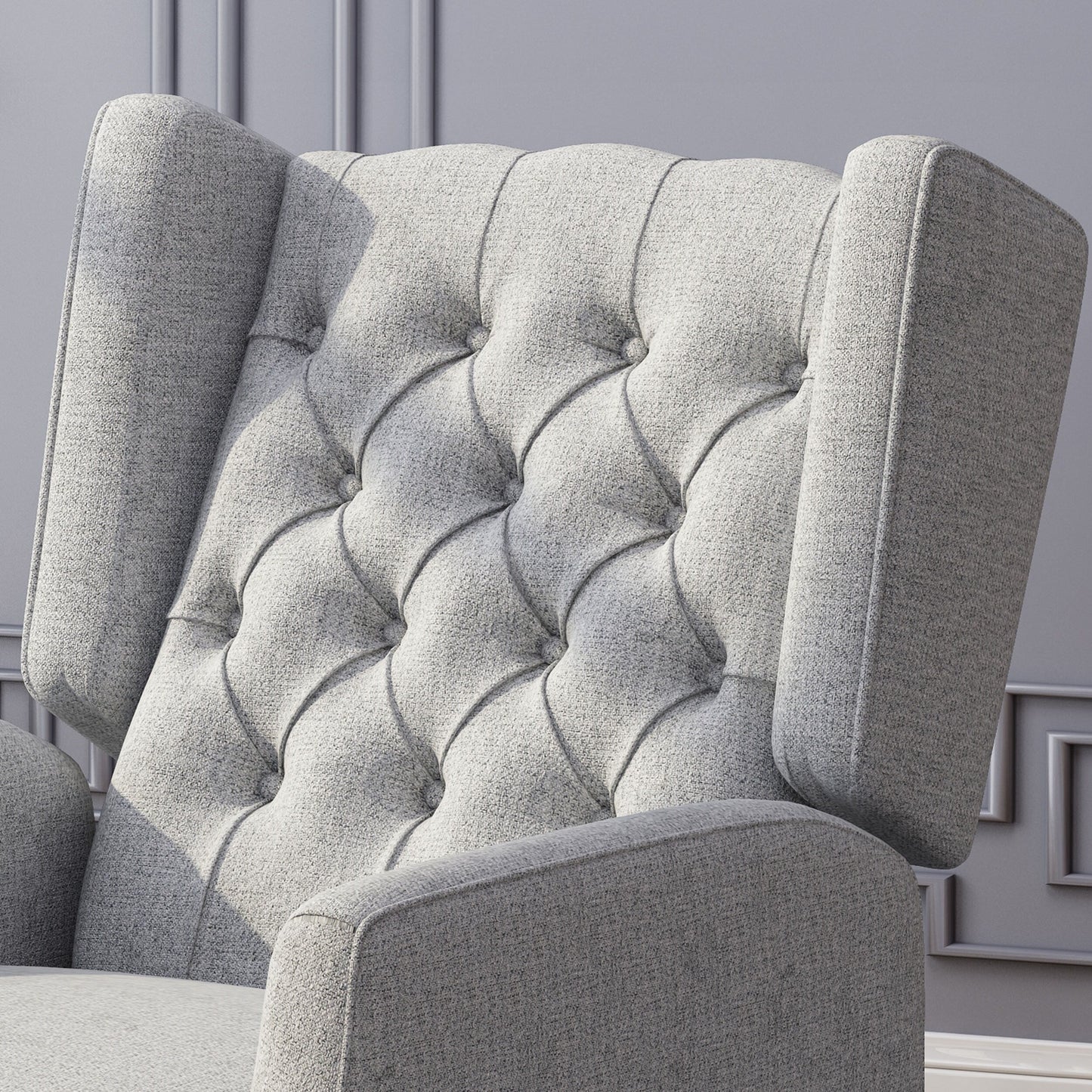 Fauteuil inclinable à oreilles rembourré en tissu gris de style milieu du siècle avec repose-pieds et dossier capitonné