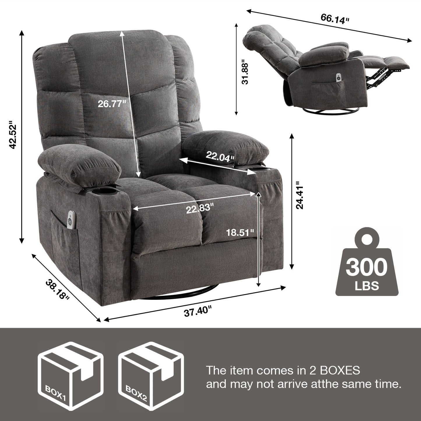 Fauteuil inclinable à bascule surdimensionné gris avec massage et chauffage, 2 porte-gobelets, port de chargement USB, inclinaison à 150° et bascule à 30°