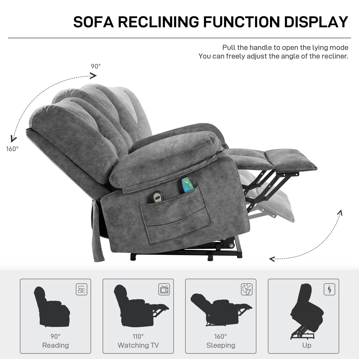 Fauteuil inclinable électrique gris avec massage et positions réglables