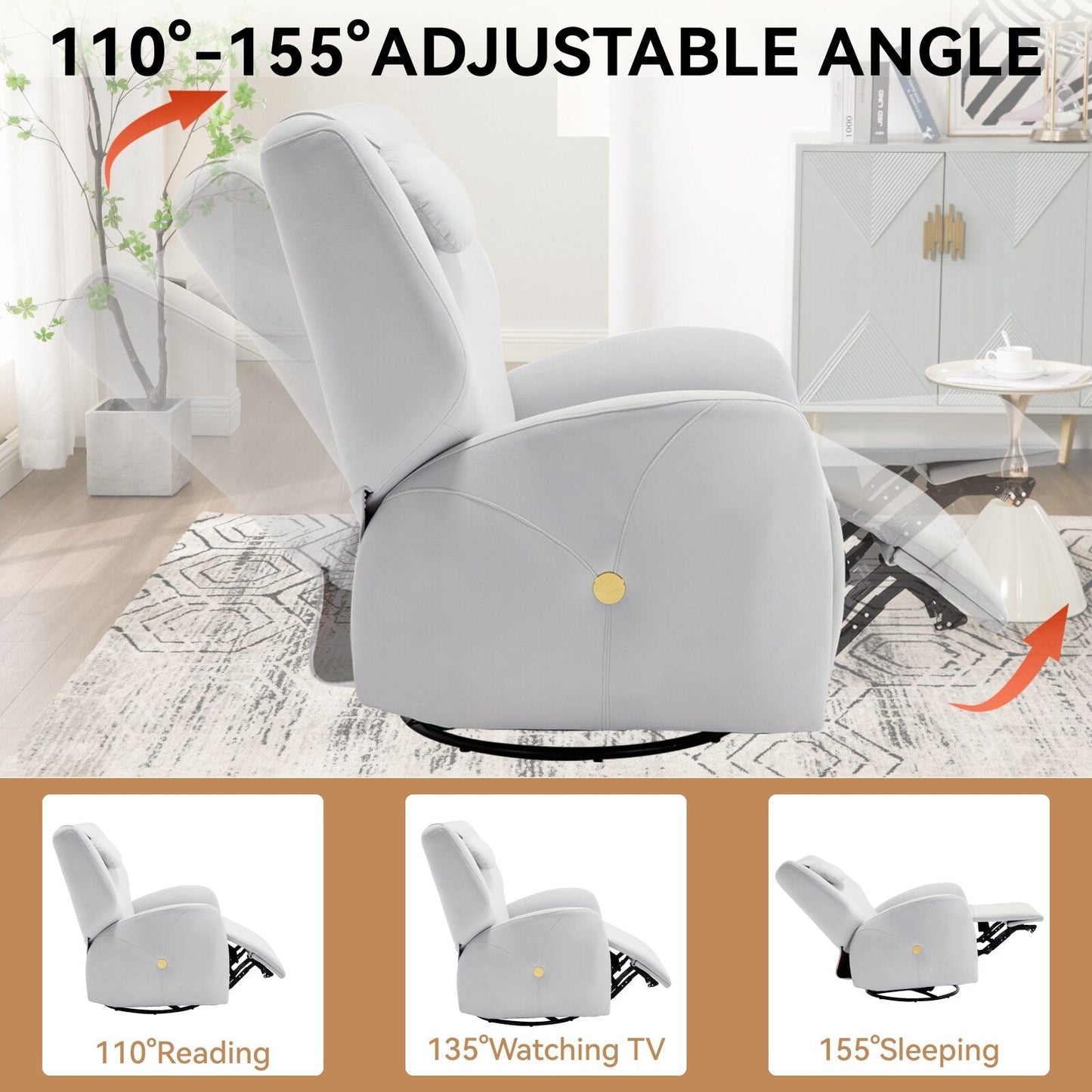 Fauteuil inclinable électrique gris pivotant à 270° et ports de chargement USB