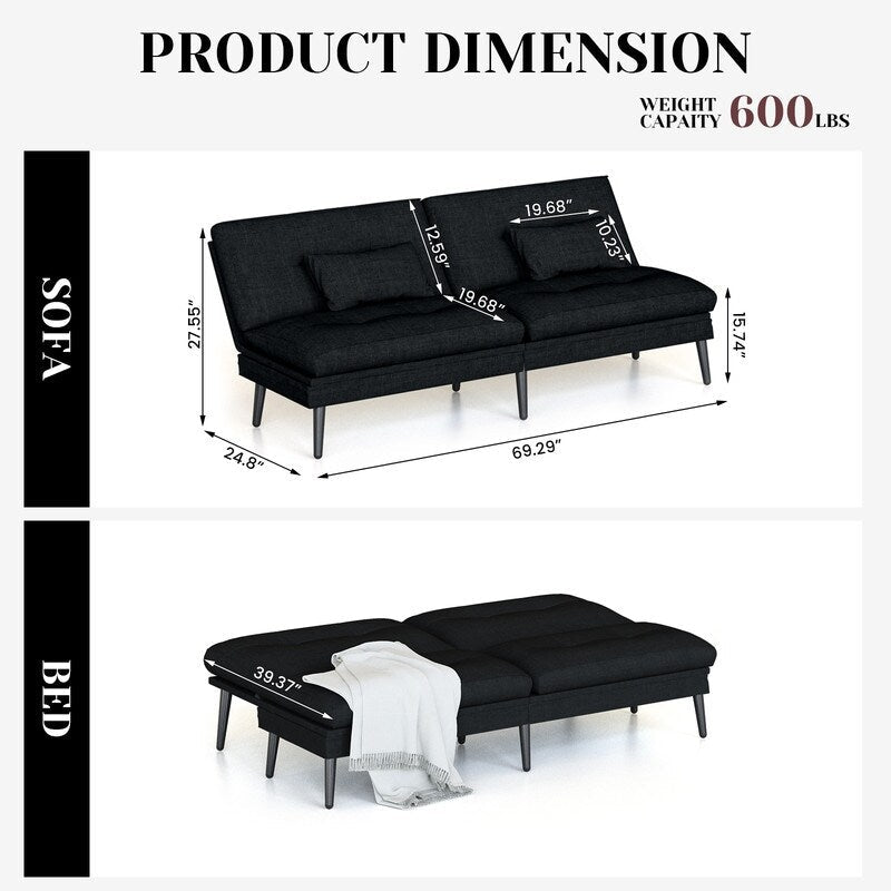 Canapé-lit futon convertible Grondin, dossier réglable sur 5 positions avec 2 oreillers, fauteuil inclinable de style moderne