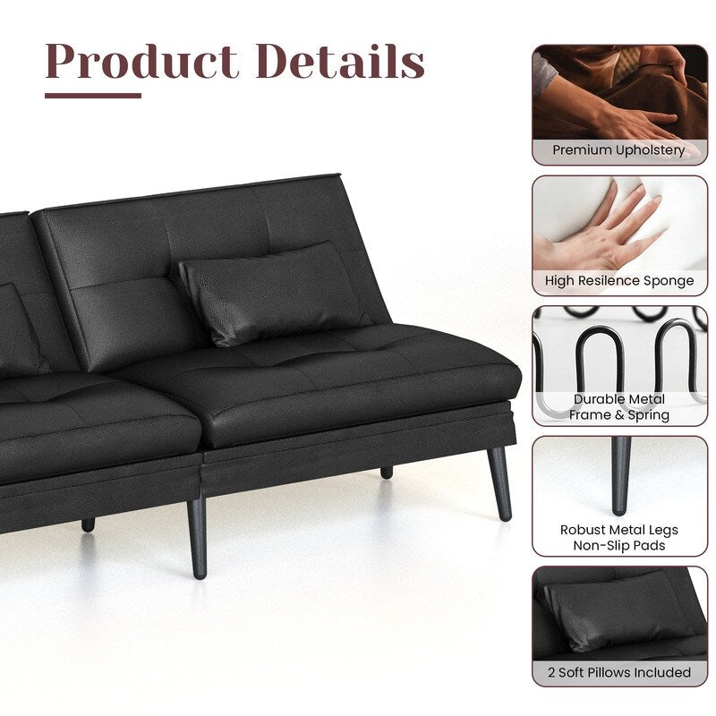 Canapé-lit futon convertible Grondin, dossier réglable sur 5 positions avec 2 oreillers, fauteuil inclinable de style moderne
