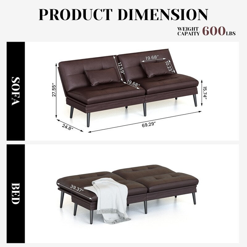 Canapé-lit futon convertible Grondin, dossier réglable sur 5 positions avec 2 oreillers, fauteuil inclinable de style moderne