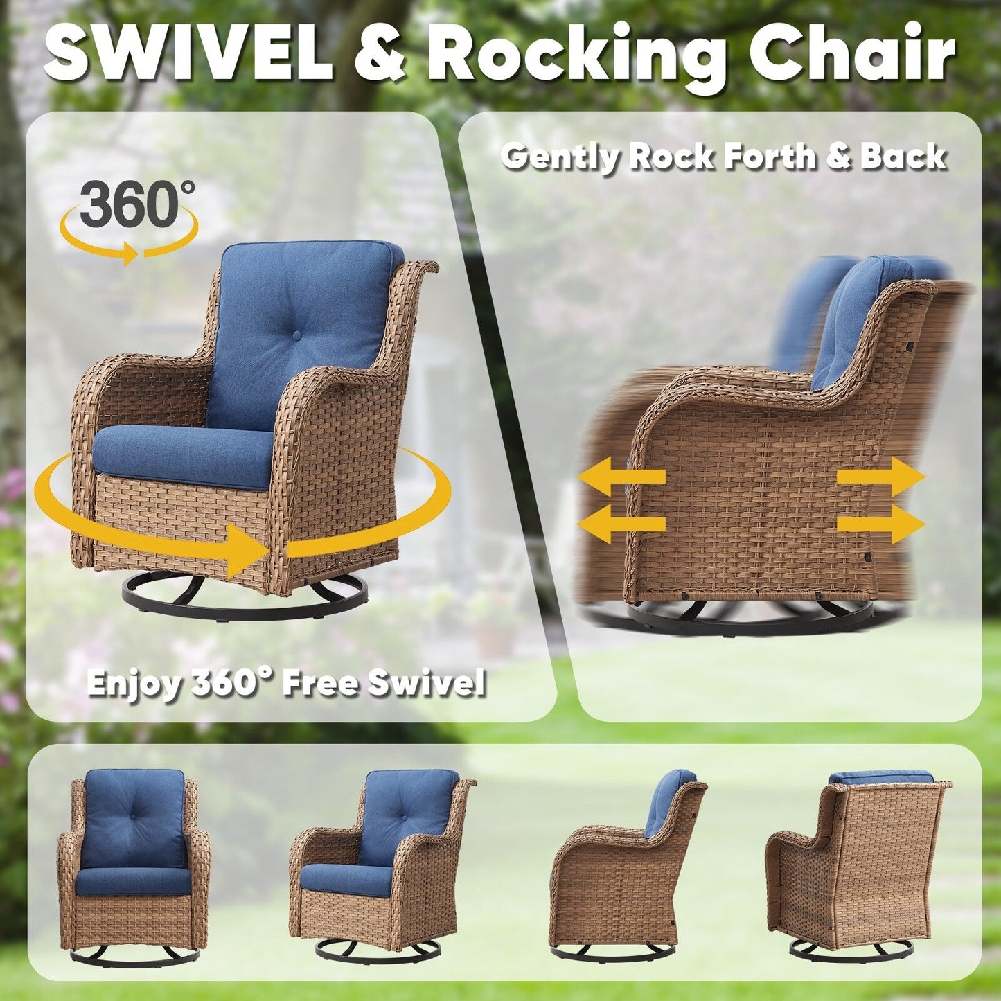Ensemble de 3 chaises pivotantes à bascule en rotin et osier Gymojoy avec table