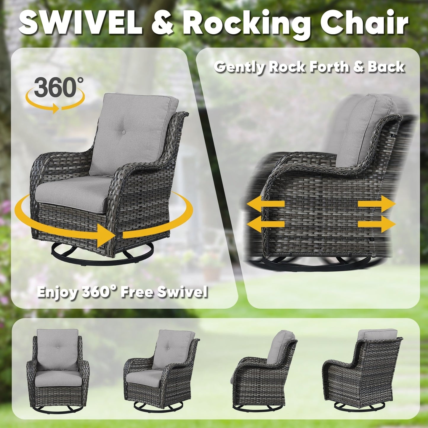 Ensemble de 3 chaises pivotantes à bascule en rotin et osier Gymojoy avec table