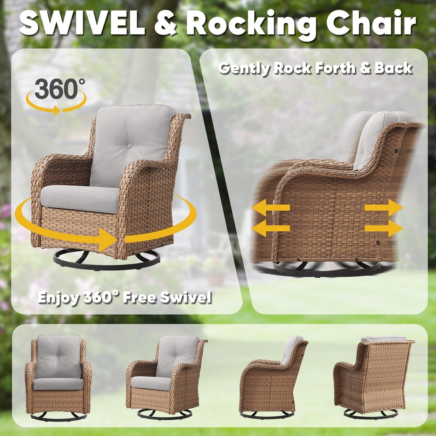 Ensemble de 3 chaises pivotantes à bascule en rotin et osier Gymojoy avec table