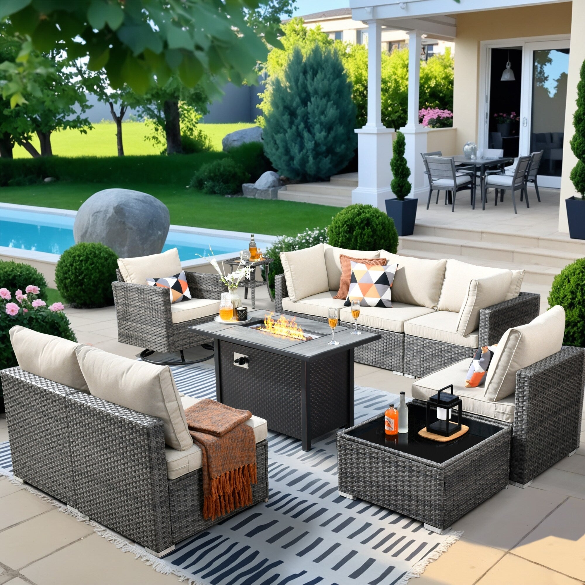 HOOOWOOO Ensemble de 10 canapés sectionnels en osier pour patio, pivotants et à bascule avec table pour foyer