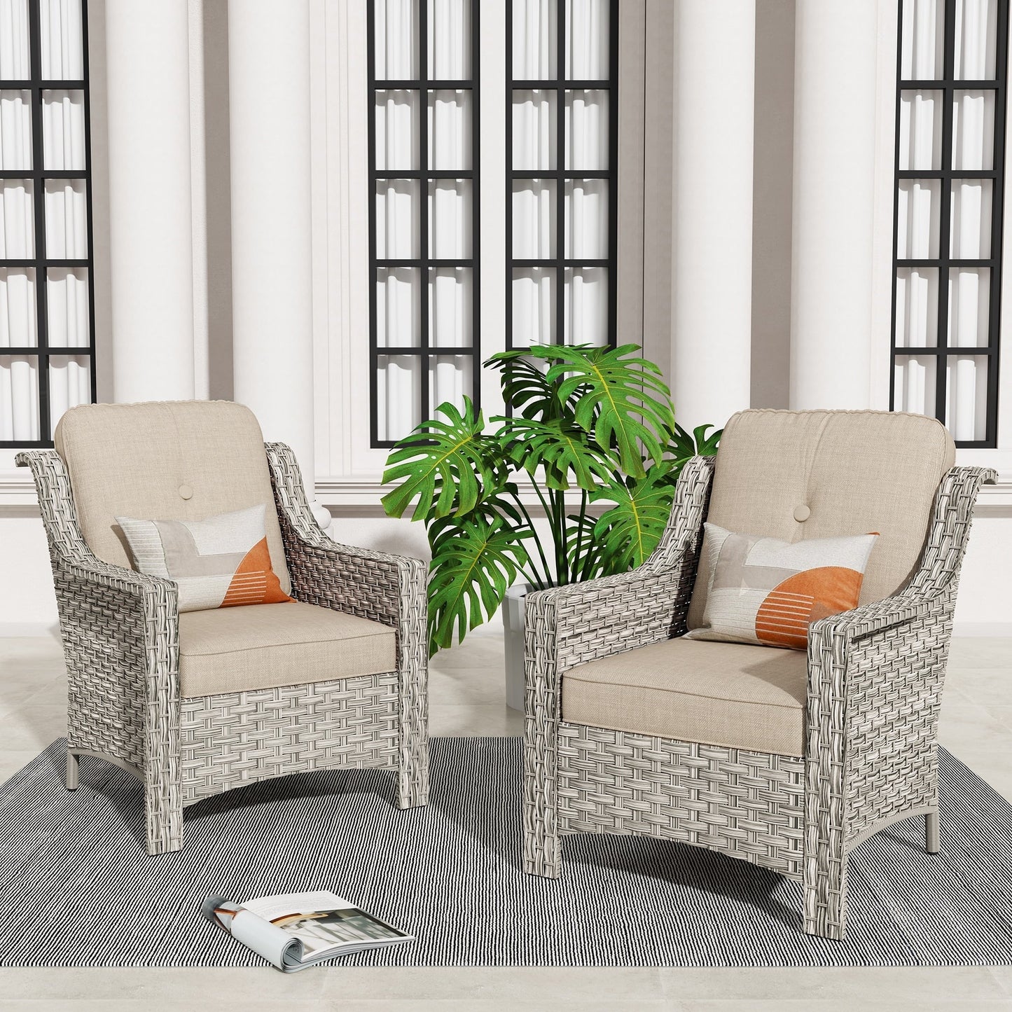 Ensemble de 2 chaises de jardin en rotin et osier à dossier haut HOOOWOOO