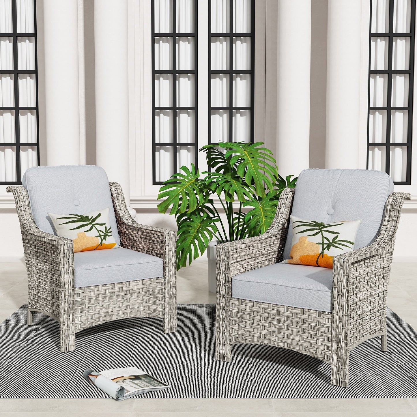Ensemble de 2 chaises de jardin en rotin et osier à dossier haut HOOOWOOO