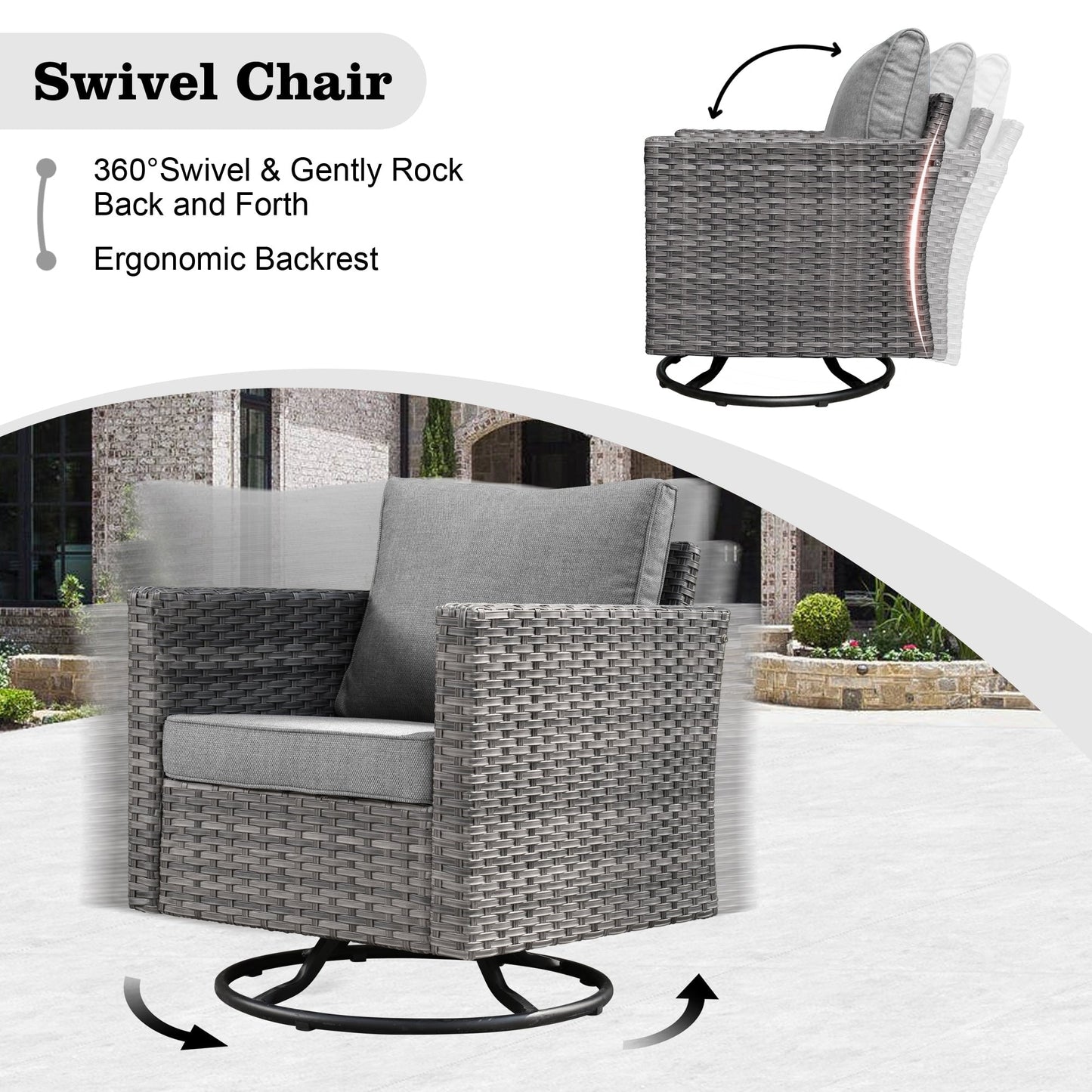 Ensemble de salon de jardin HOOOWOOO en osier gris 9 pièces avec fauteuil à bascule pivotant