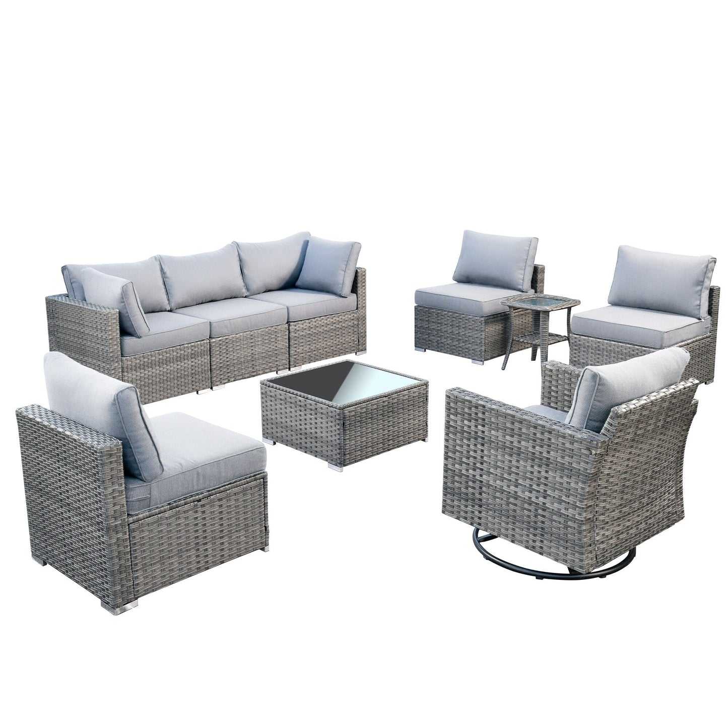 Ensemble de salon de jardin HOOOWOOO en osier gris 9 pièces avec fauteuil à bascule pivotant