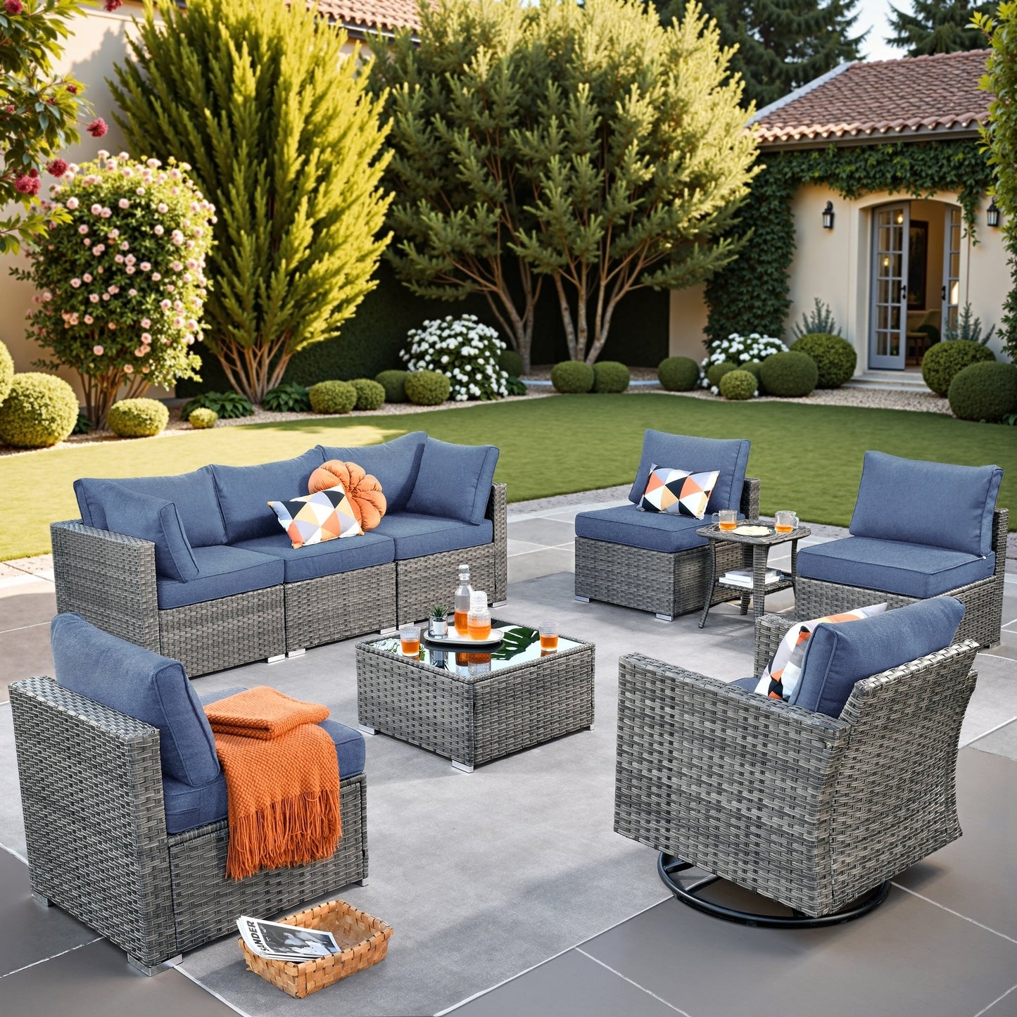 Ensemble de salon de jardin HOOOWOOO en osier gris 9 pièces avec fauteuil à bascule pivotant