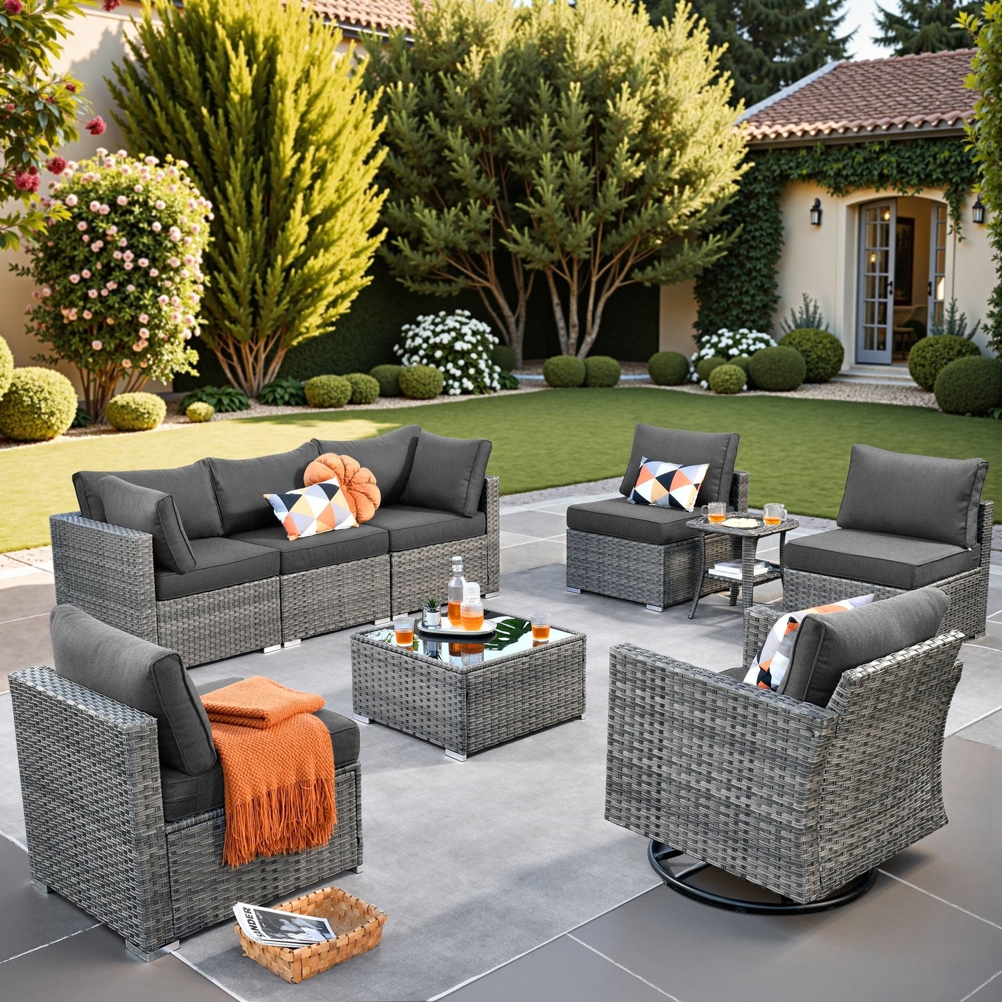 Ensemble de salon de jardin HOOOWOOO en osier gris 9 pièces avec fauteuil à bascule pivotant