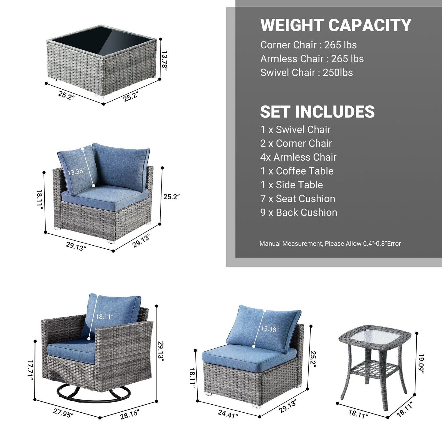 Ensemble de salon de jardin HOOOWOOO en osier gris 9 pièces avec fauteuil à bascule pivotant