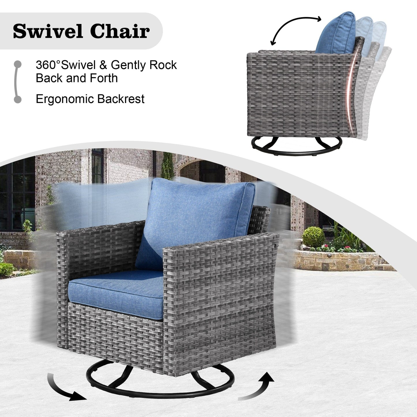 Ensemble de salon de jardin HOOOWOOO en osier gris 9 pièces avec fauteuil à bascule pivotant