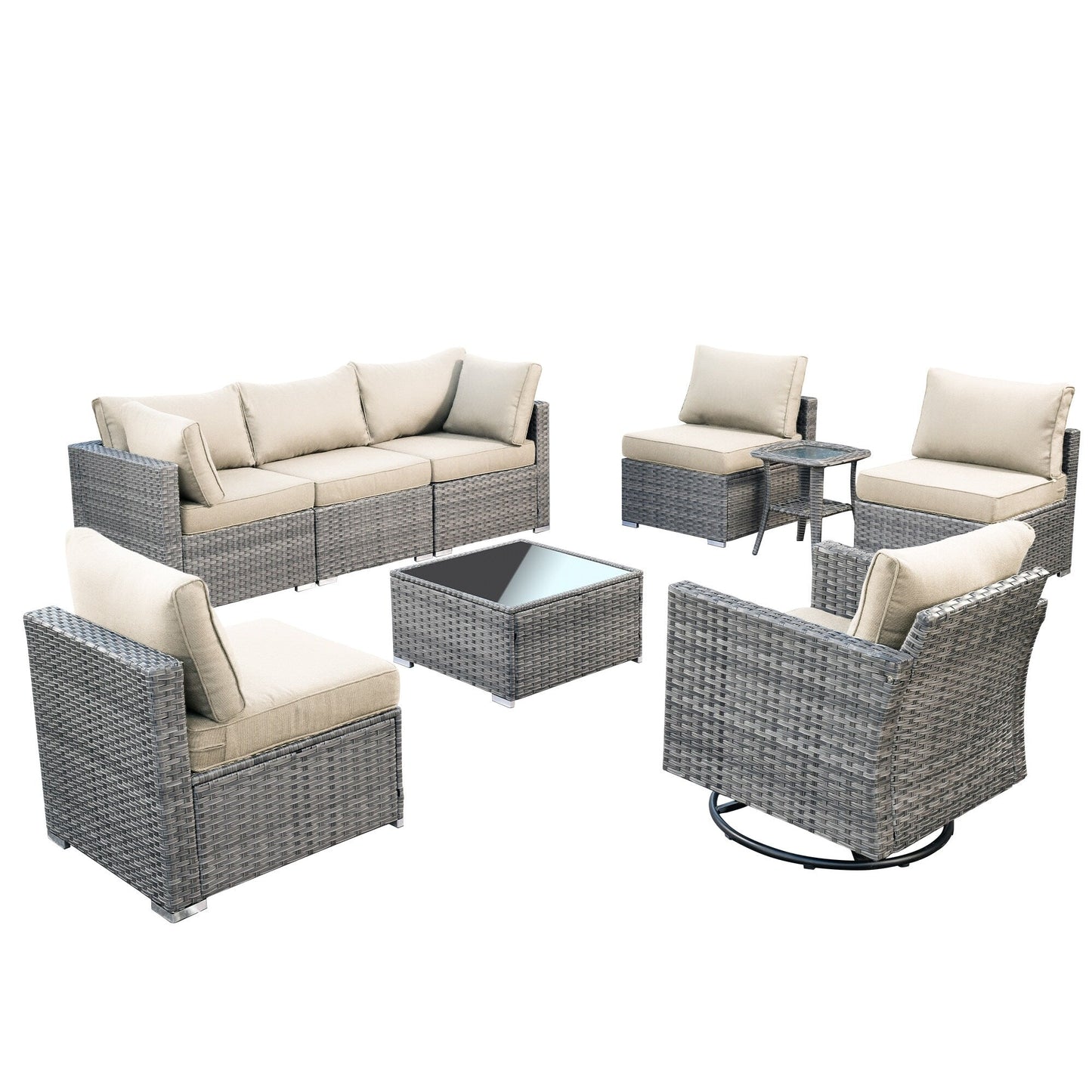 Ensemble de salon de jardin HOOOWOOO en osier gris 9 pièces avec fauteuil à bascule pivotant