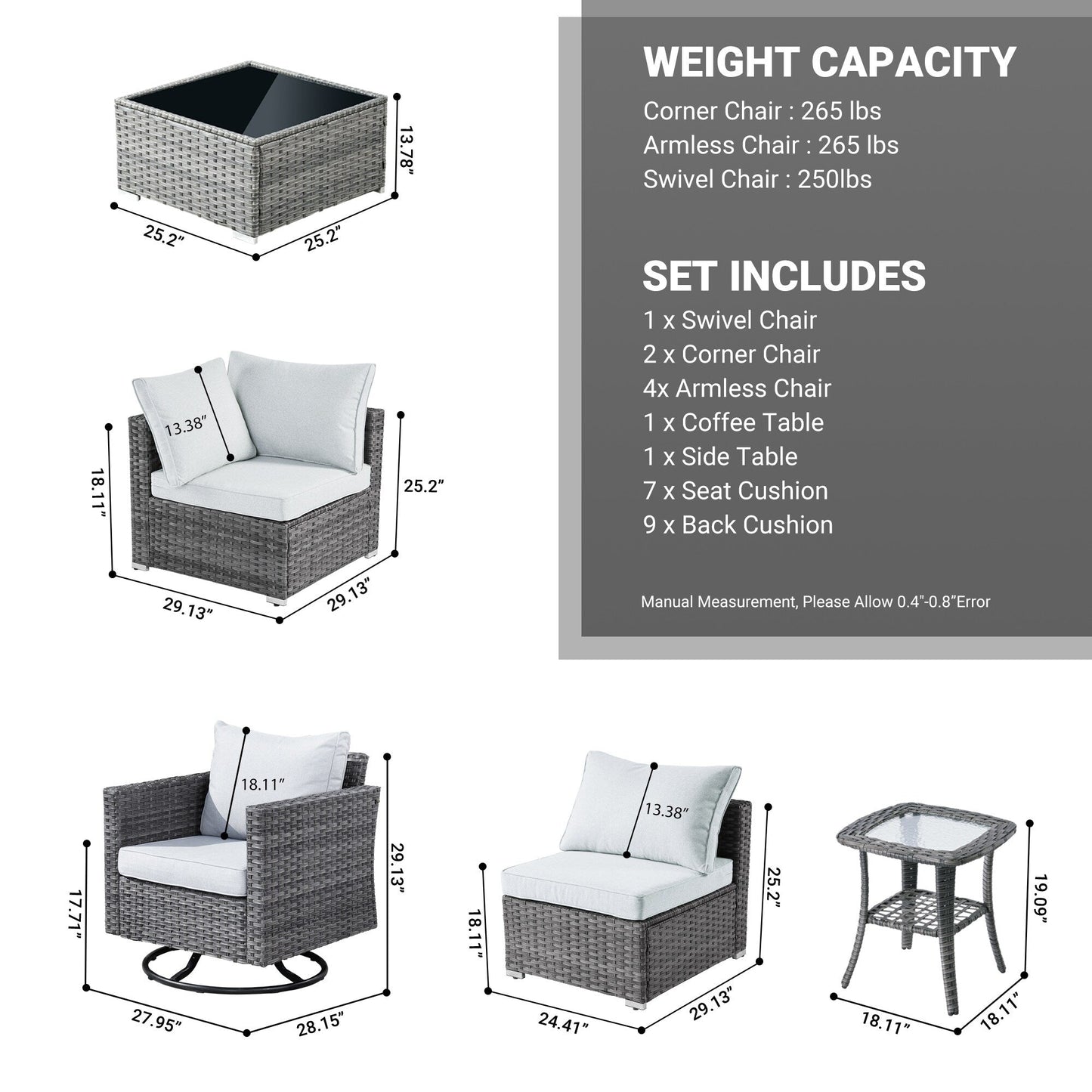 Ensemble de salon de jardin HOOOWOOO en osier gris 9 pièces avec fauteuil à bascule pivotant