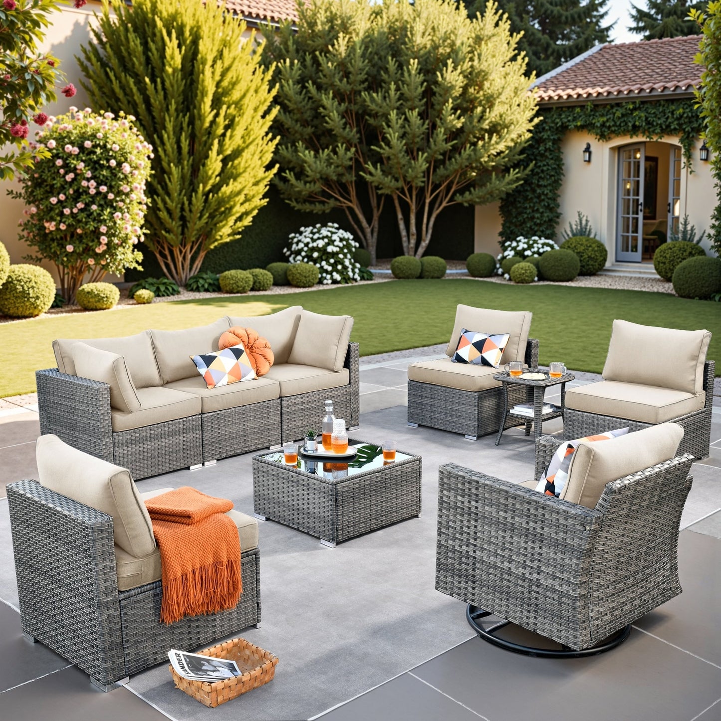 Ensemble de salon de jardin HOOOWOOO en osier gris 9 pièces avec fauteuil à bascule pivotant