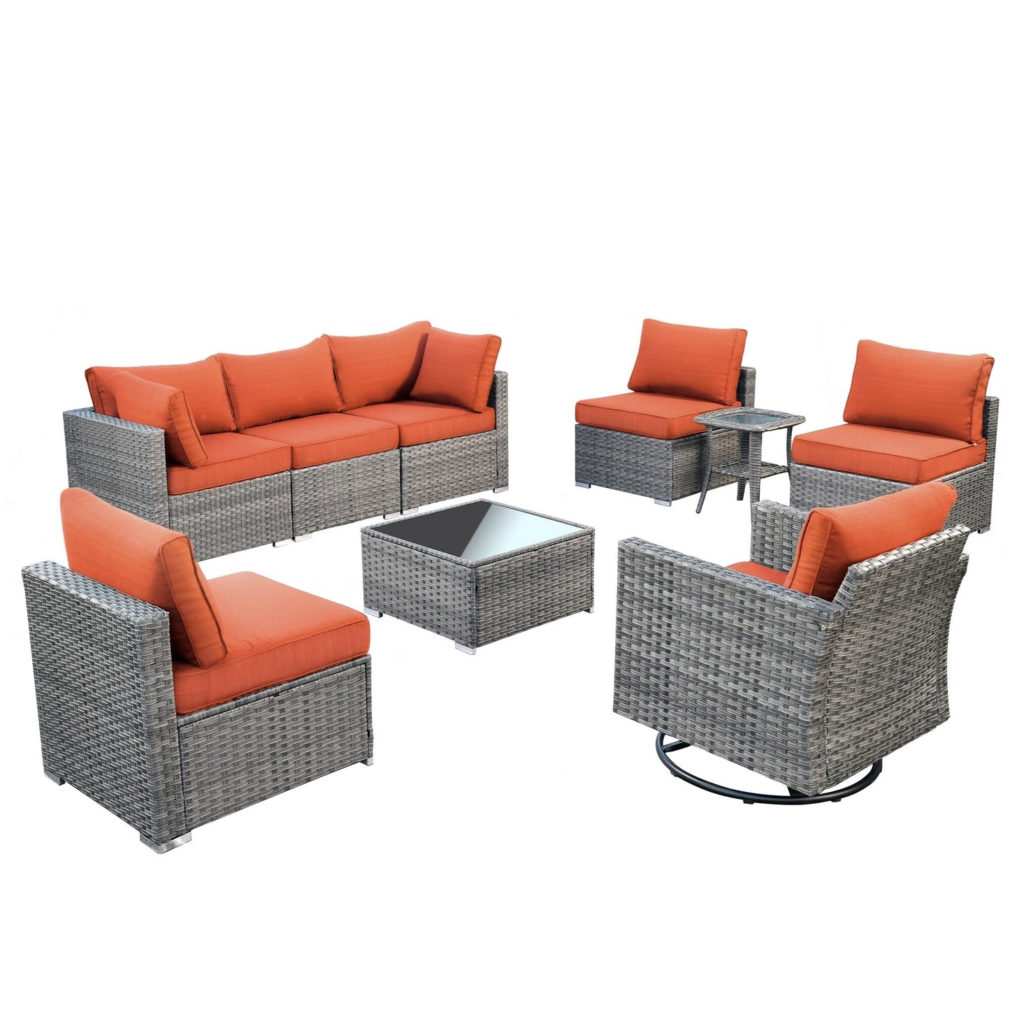 Ensemble de salon de jardin HOOOWOOO en osier gris 9 pièces avec fauteuil à bascule pivotant