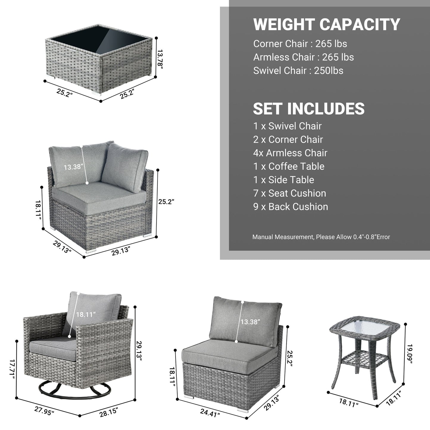 Ensemble de salon de jardin HOOOWOOO en osier gris 9 pièces avec fauteuil à bascule pivotant
