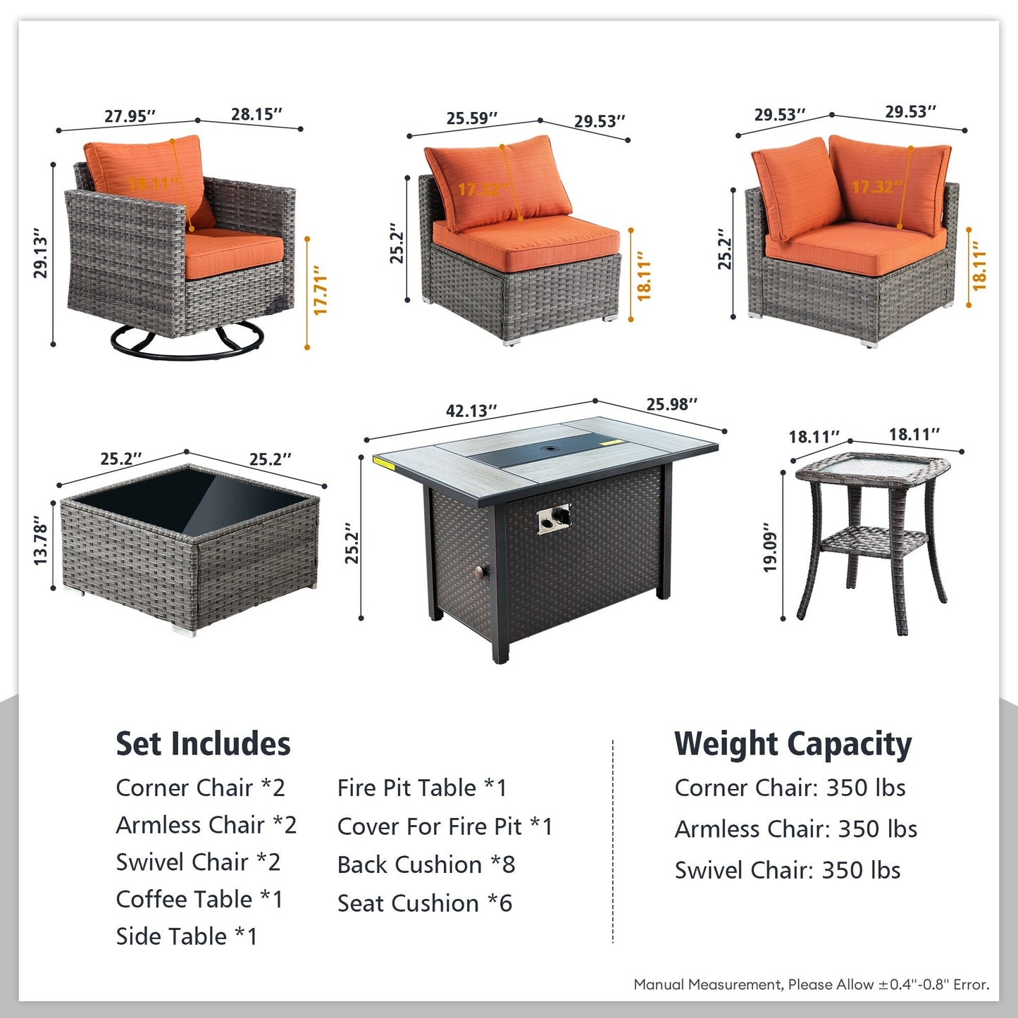 Ensemble de 9 meubles d'extérieur en rotin gris HOOOWOOO avec foyer et chaises pivotantes