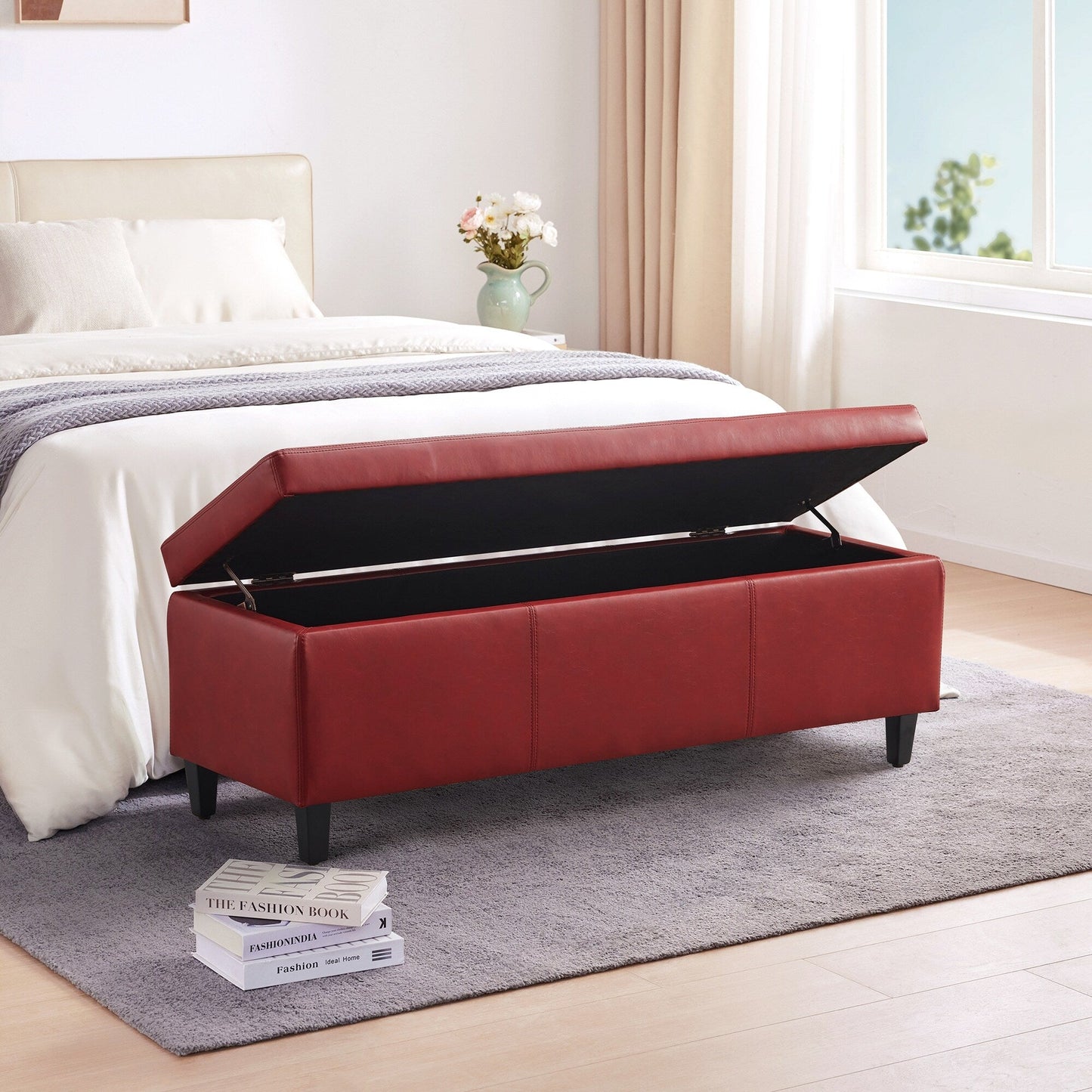 Pouf de rangement rectangulaire rembourré en similicuir (50,3 x 17,50 x 18 po)