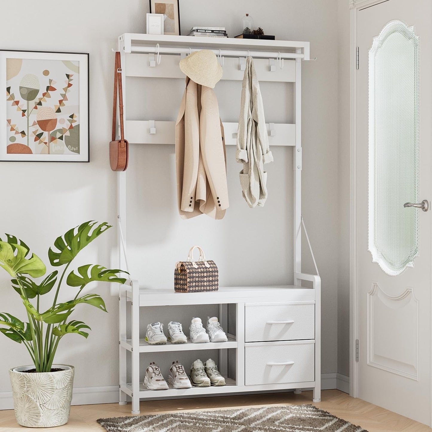 Meuble d'entrée avec banc, divisible en banc à chaussures indépendant et étagère murale