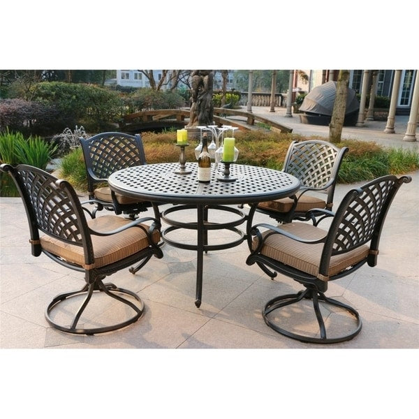 Ensemble de salle à manger rond en aluminium bronze vieilli South Ponto 5 pièces avec chaises pivotantes par Havenside Home