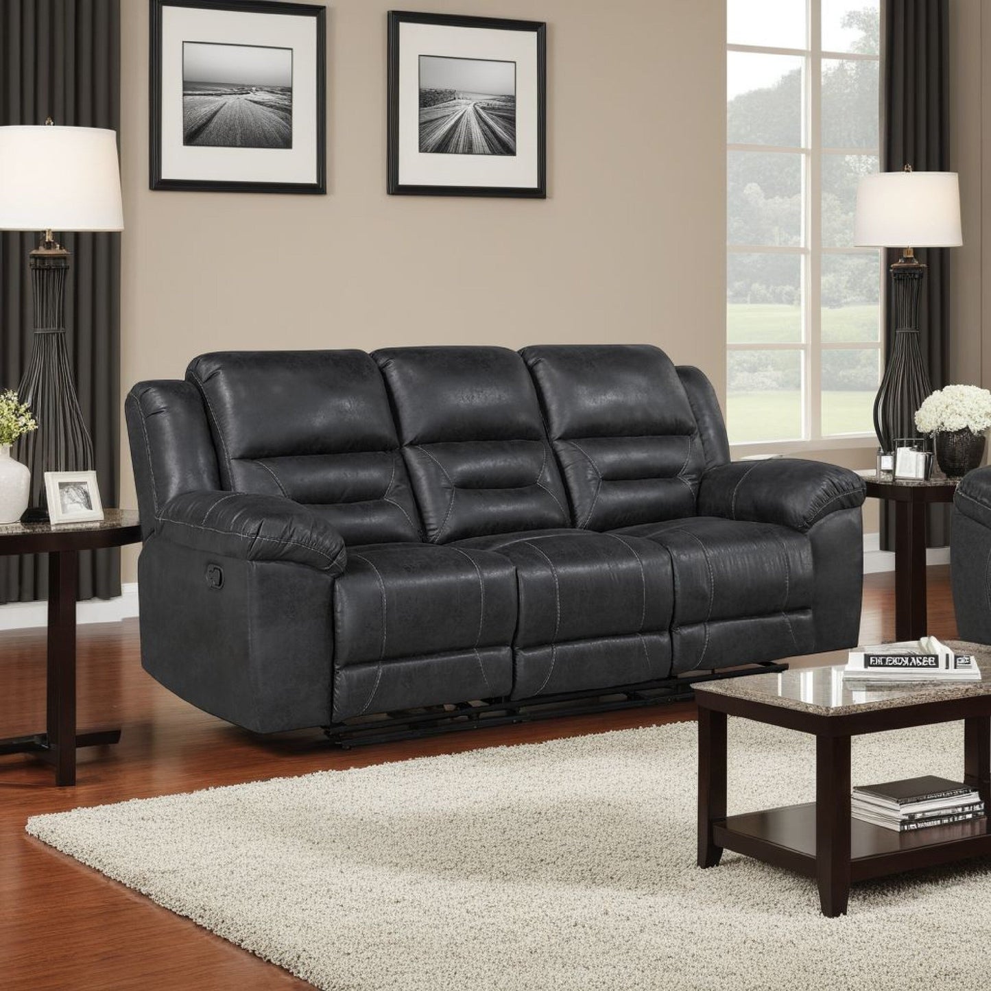 Canapé inclinable manuel double Henry en microfibre noire capitonnée