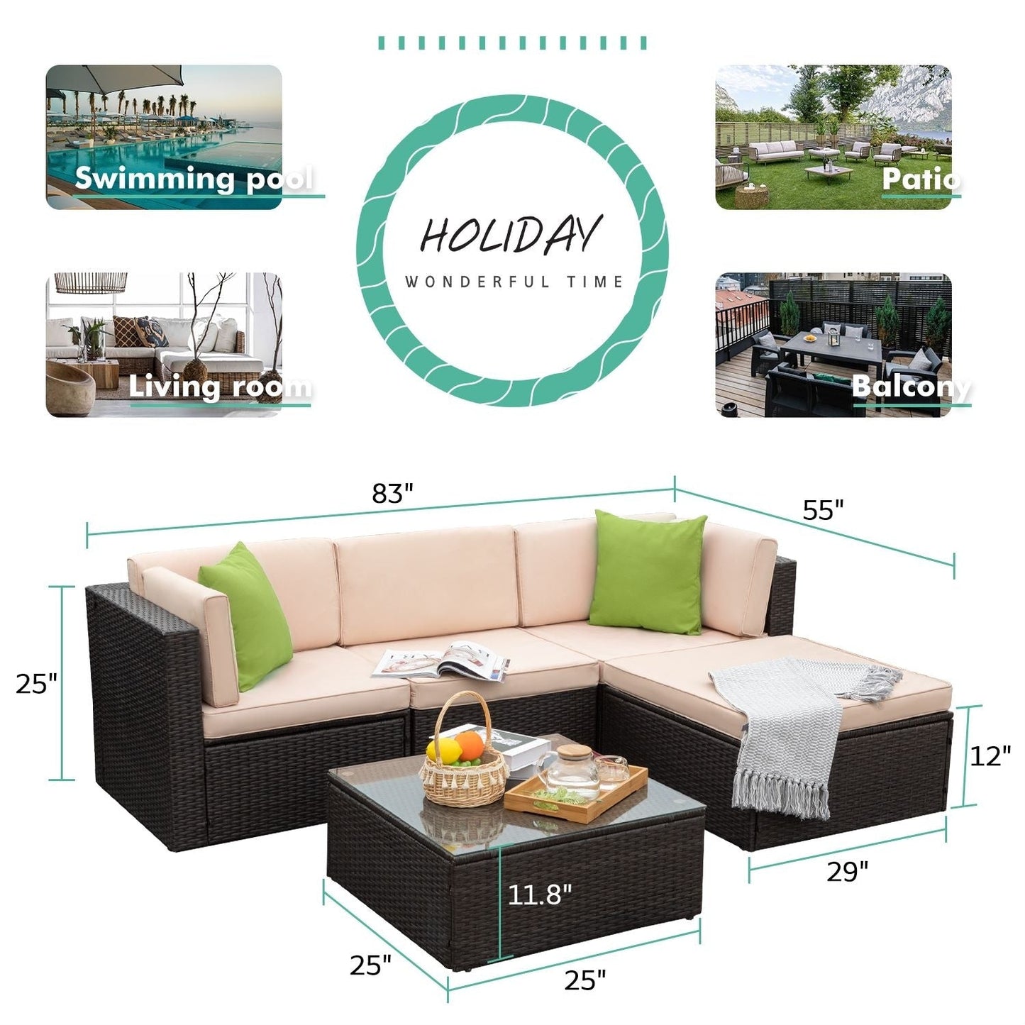Ensemble de meubles de jardin Homall 5 pièces en osier et canapé d'extérieur en rotin
