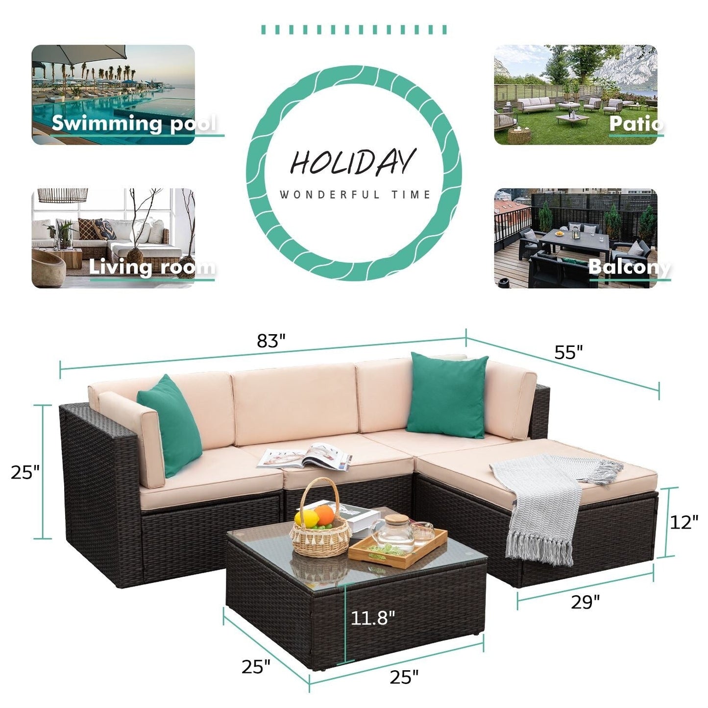 Ensemble de meubles de jardin Homall 5 pièces en osier et canapé d'extérieur en rotin