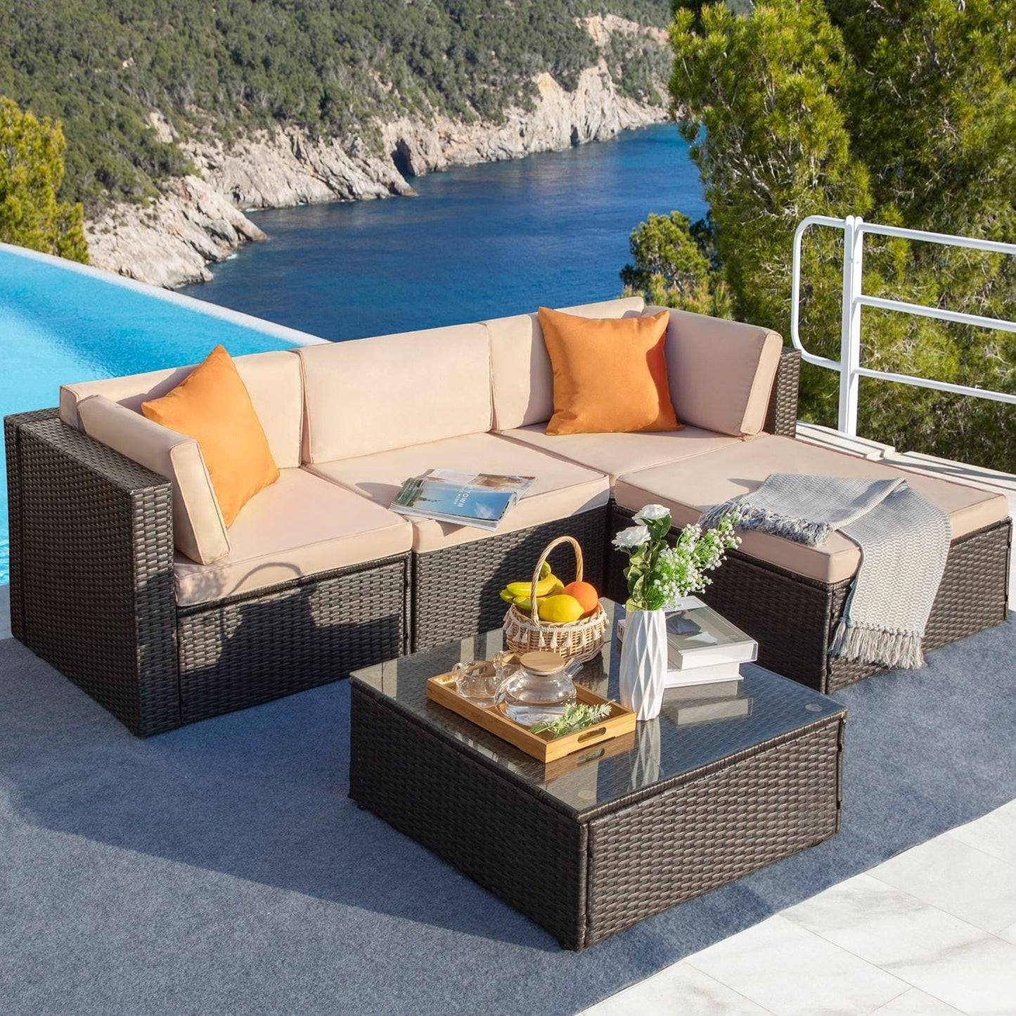 Ensemble de meubles de jardin Homall 5 pièces en osier et canapé d'extérieur en rotin