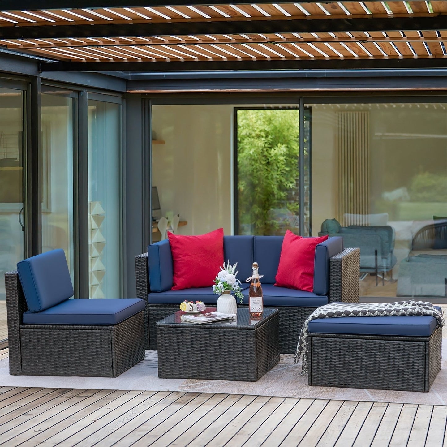 Ensemble de meubles de jardin Homall 5 pièces en osier et canapé d'extérieur en rotin