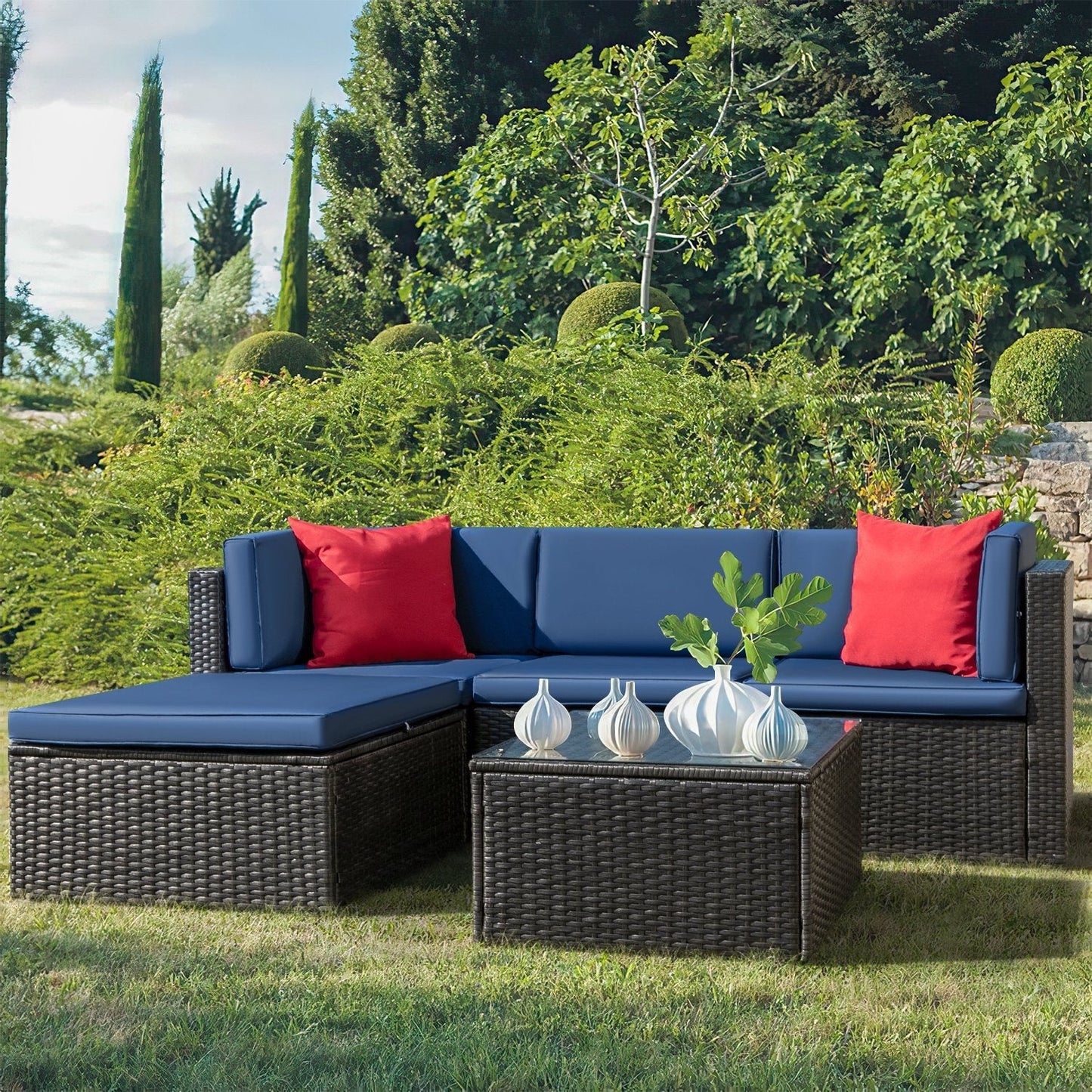 Ensemble de meubles de jardin Homall 5 pièces en osier et canapé d'extérieur en rotin