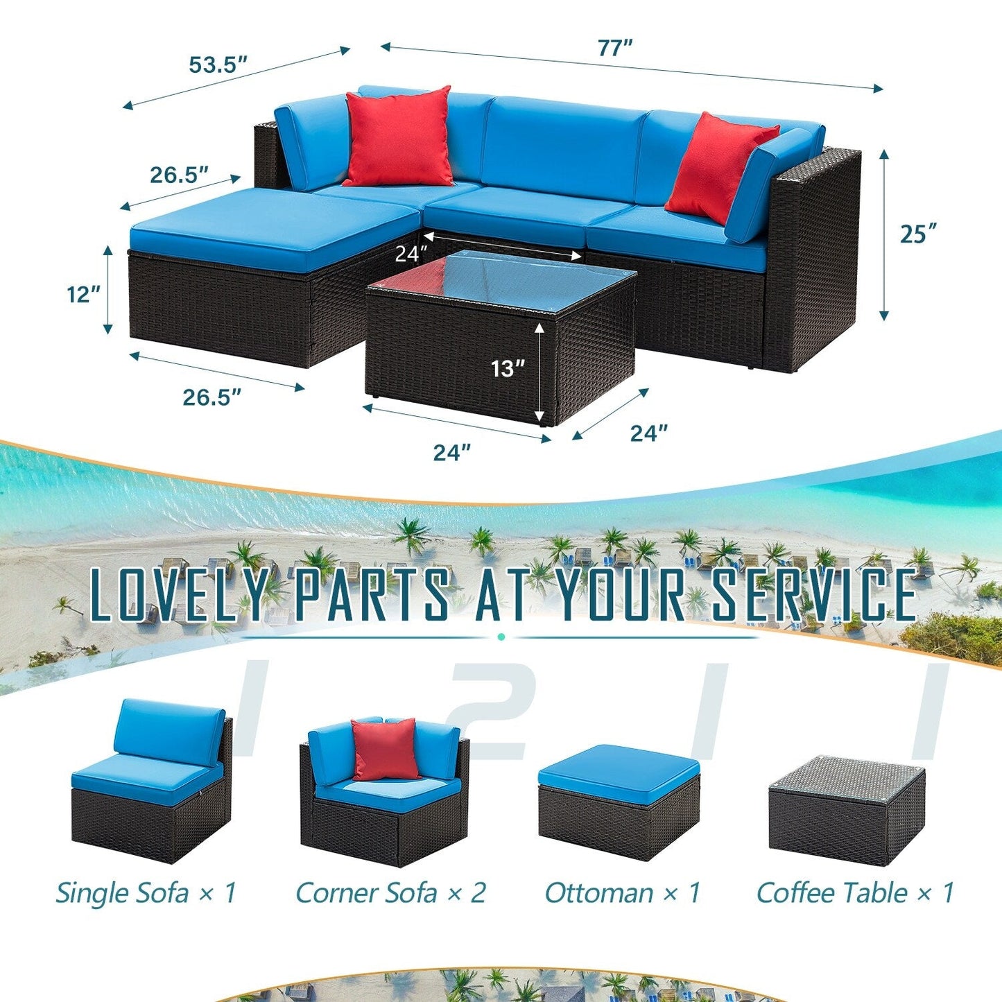 Ensemble de meubles de jardin Homall 5 pièces en osier et canapé d'extérieur en rotin