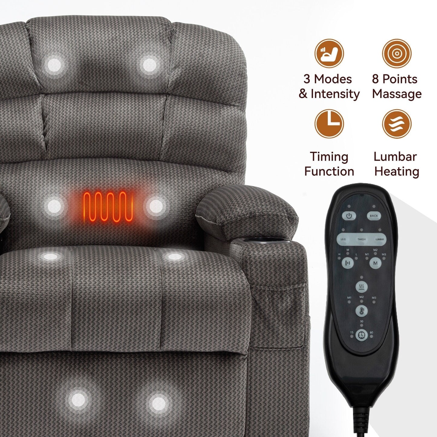 Fauteuil inclinable électrique à double moteur à position infinie, mécanisme de mouvement robuste avec porte-gobelets chauffants et de massage et poches latérales