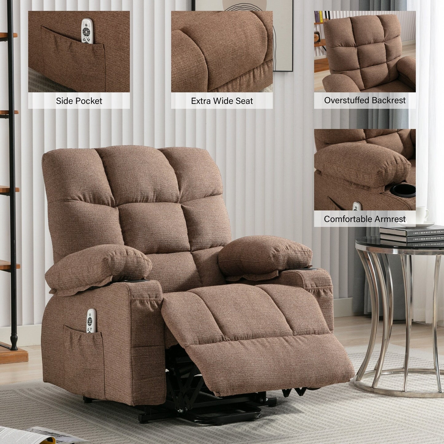 Fauteuil inclinable électrique à position infinie, canapé simple en tissu avec chauffage et massage, poche latérale, port de charge USB