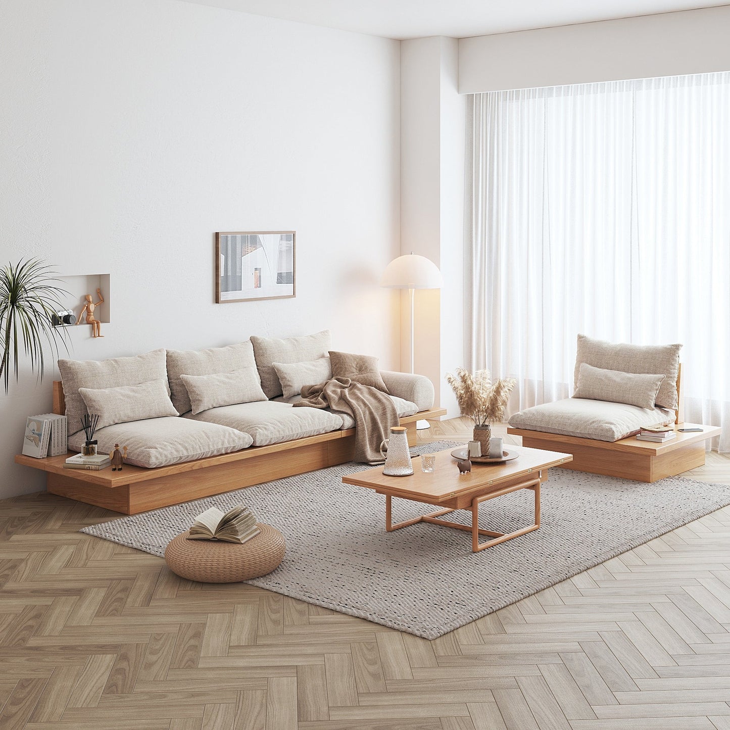 Canapé JASIWAY en coton beige avec cadre en bois