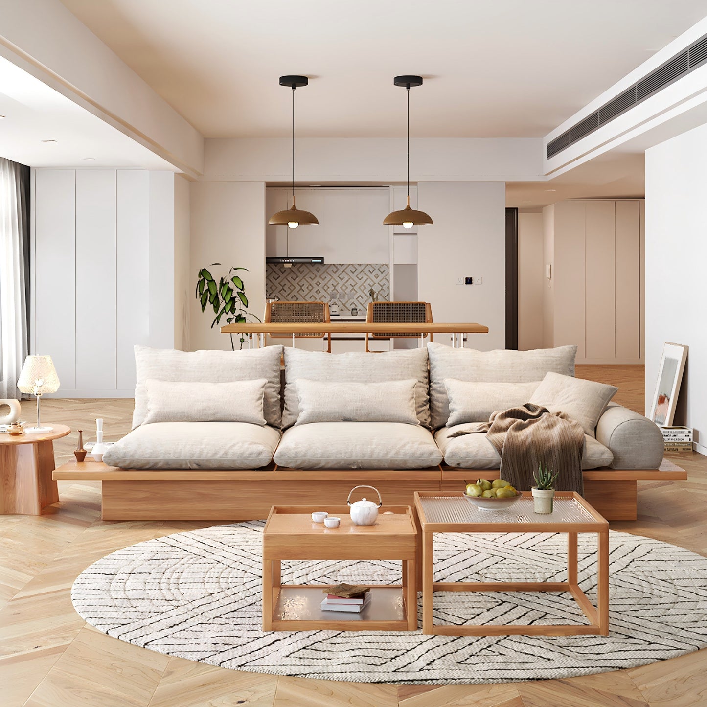 Canapé JASIWAY en coton beige avec cadre en bois
