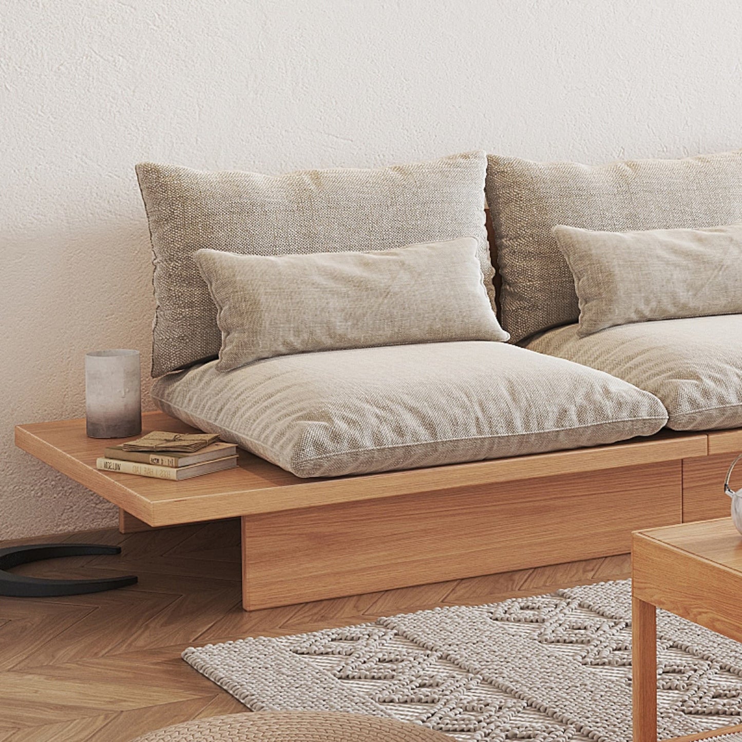 Canapé JASIWAY en coton beige avec cadre en bois