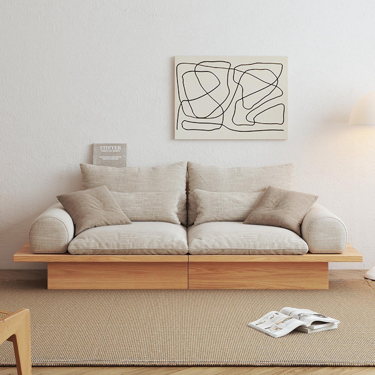 Canapé JASIWAY en coton beige avec cadre en bois