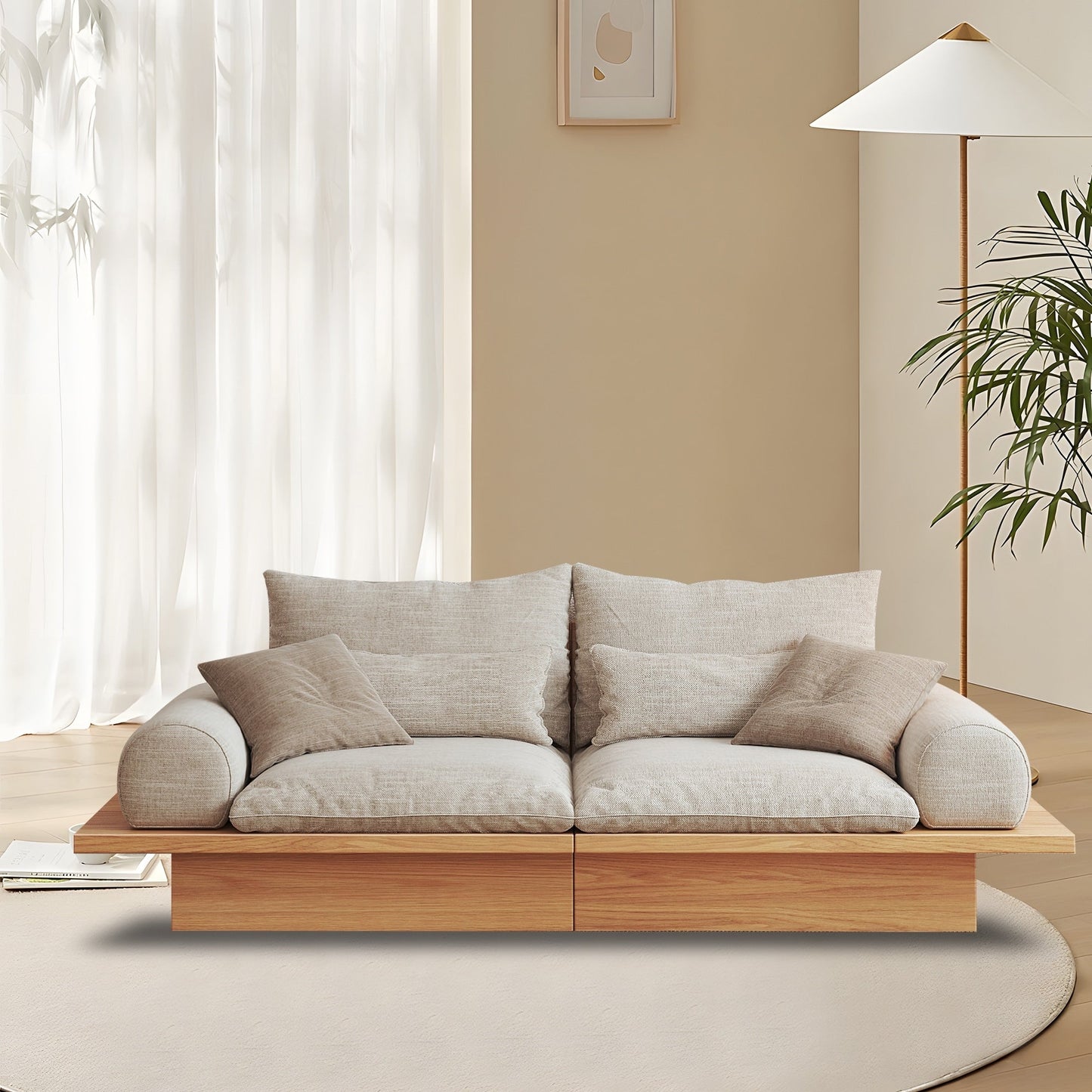 Canapé JASIWAY en coton beige avec cadre en bois