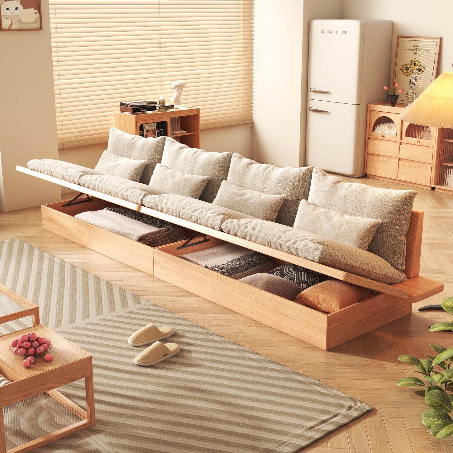 Canapé JASIWAY en coton beige avec cadre en bois