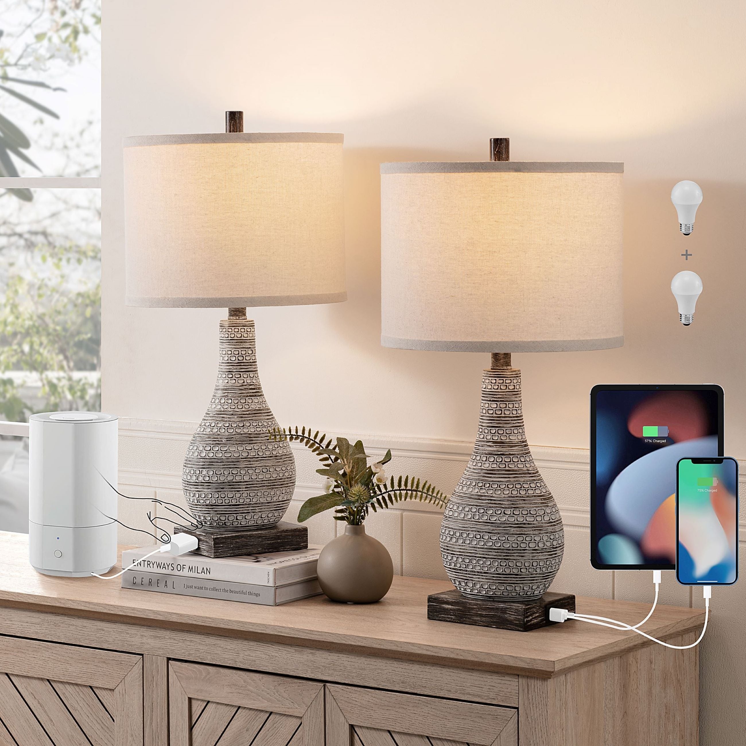 Ensemble de lampes de table à commande tactile KAWOTI avec ports USB (lot de 2)