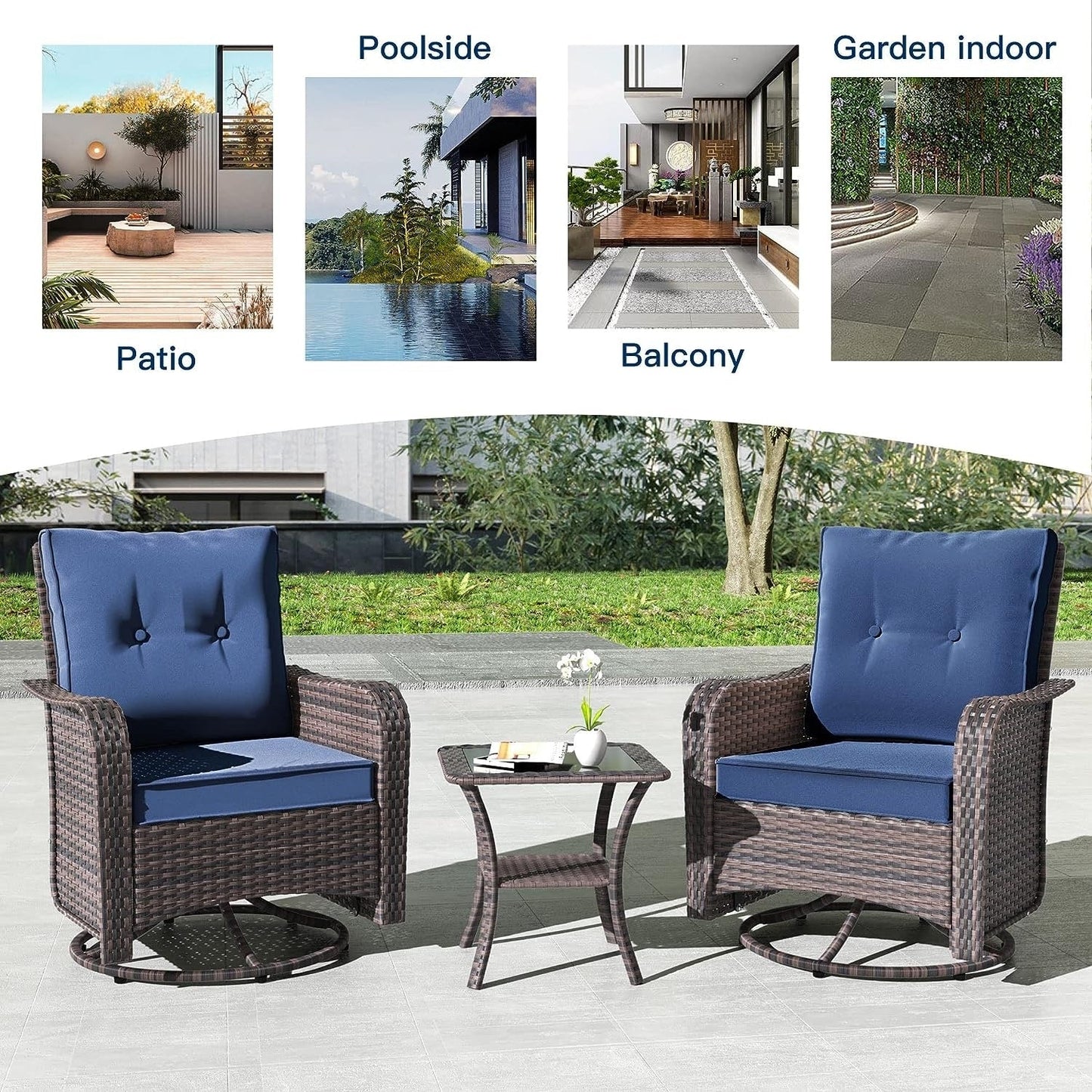 Ensemble de meubles de patio 3 pièces Kullavik, chaises pivotantes à bascule pour l'extérieur