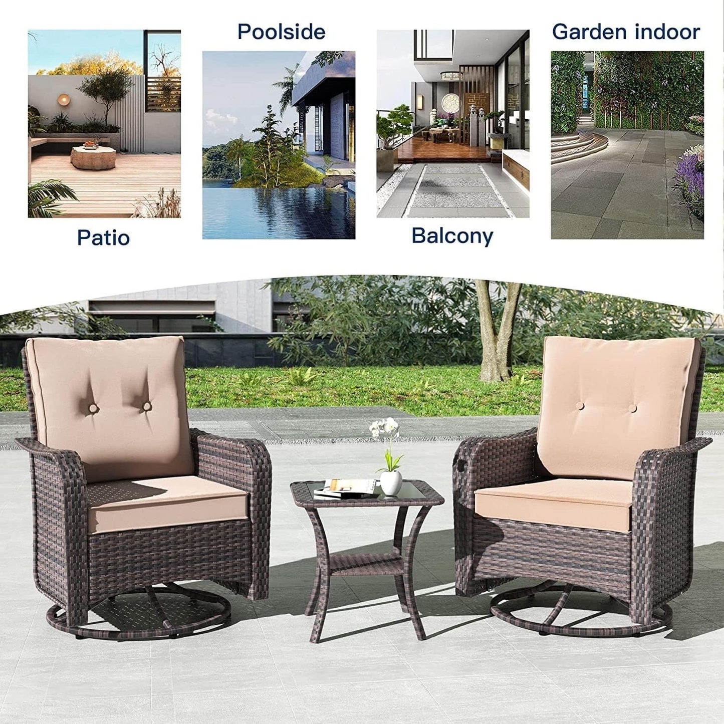 Ensemble de meubles de patio 3 pièces Kullavik, chaises pivotantes à bascule pour l'extérieur