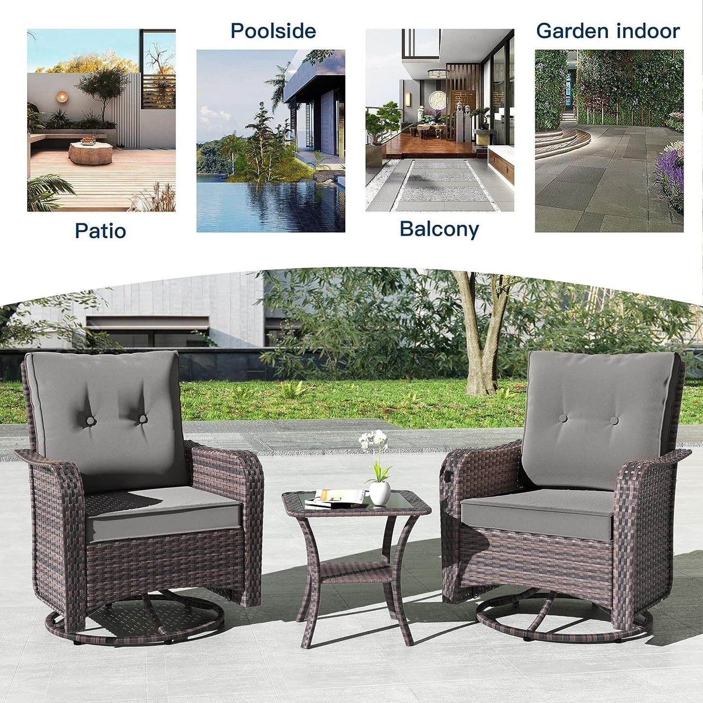 Ensemble de meubles de patio 3 pièces Kullavik, chaises pivotantes à bascule pour l'extérieur